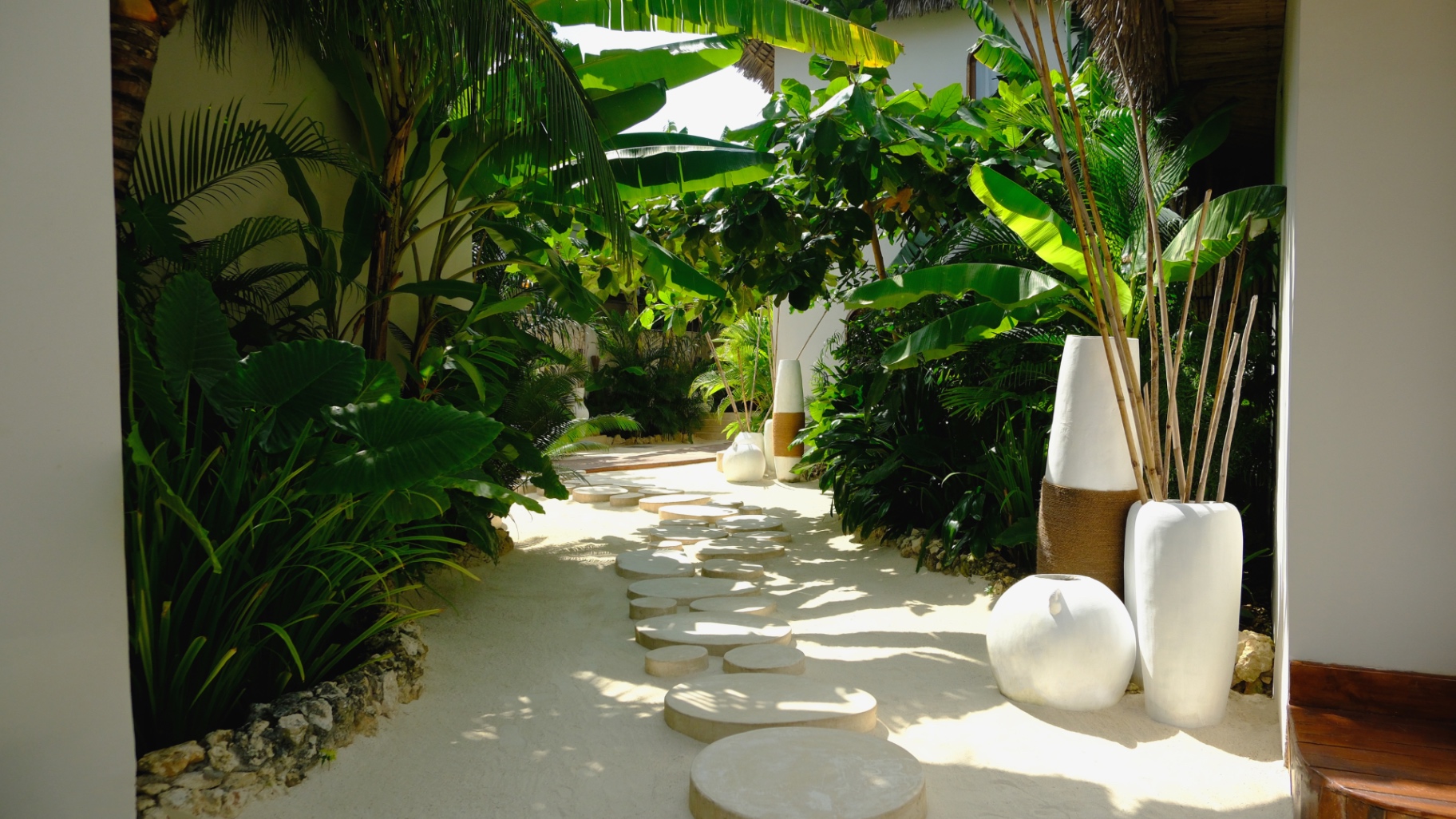Still pool edged in travertine with palm shadows