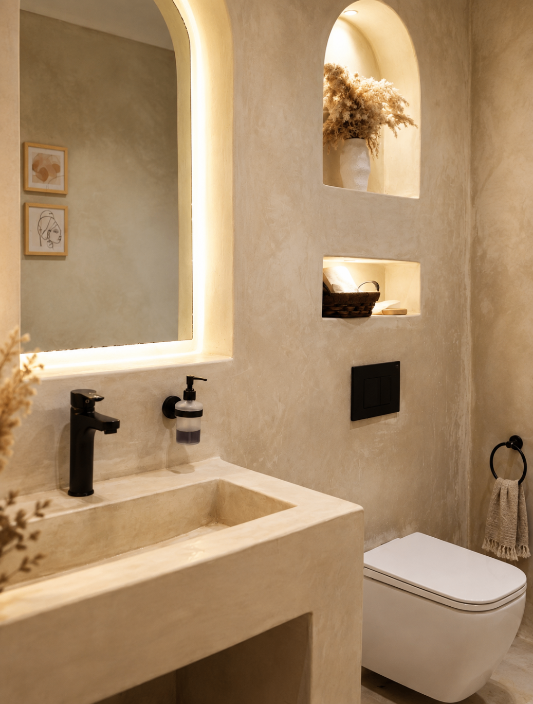 Travertine basin against a textured plaster wall