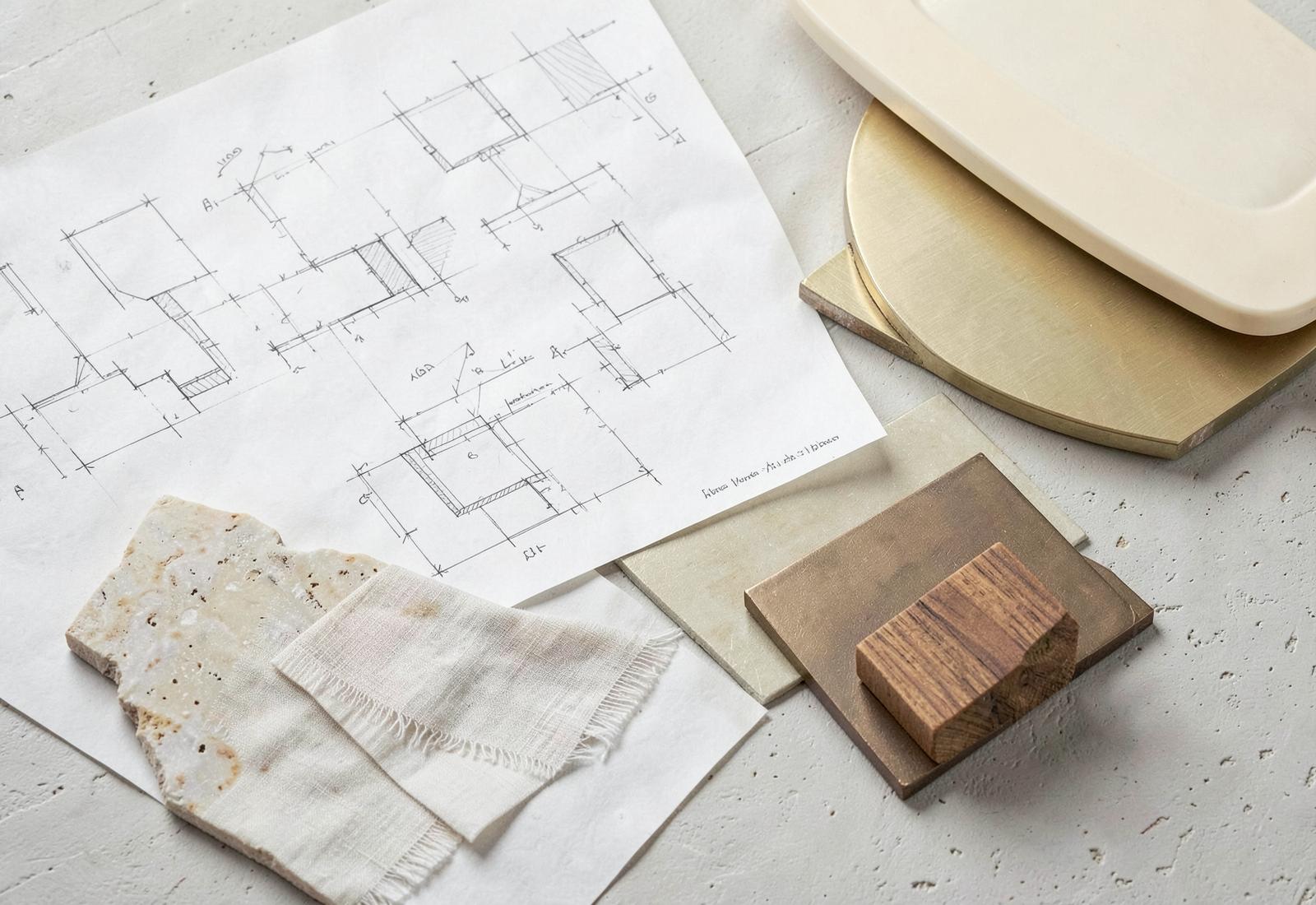 Architectural sketches with travertine, linen, bronze and timber material samples