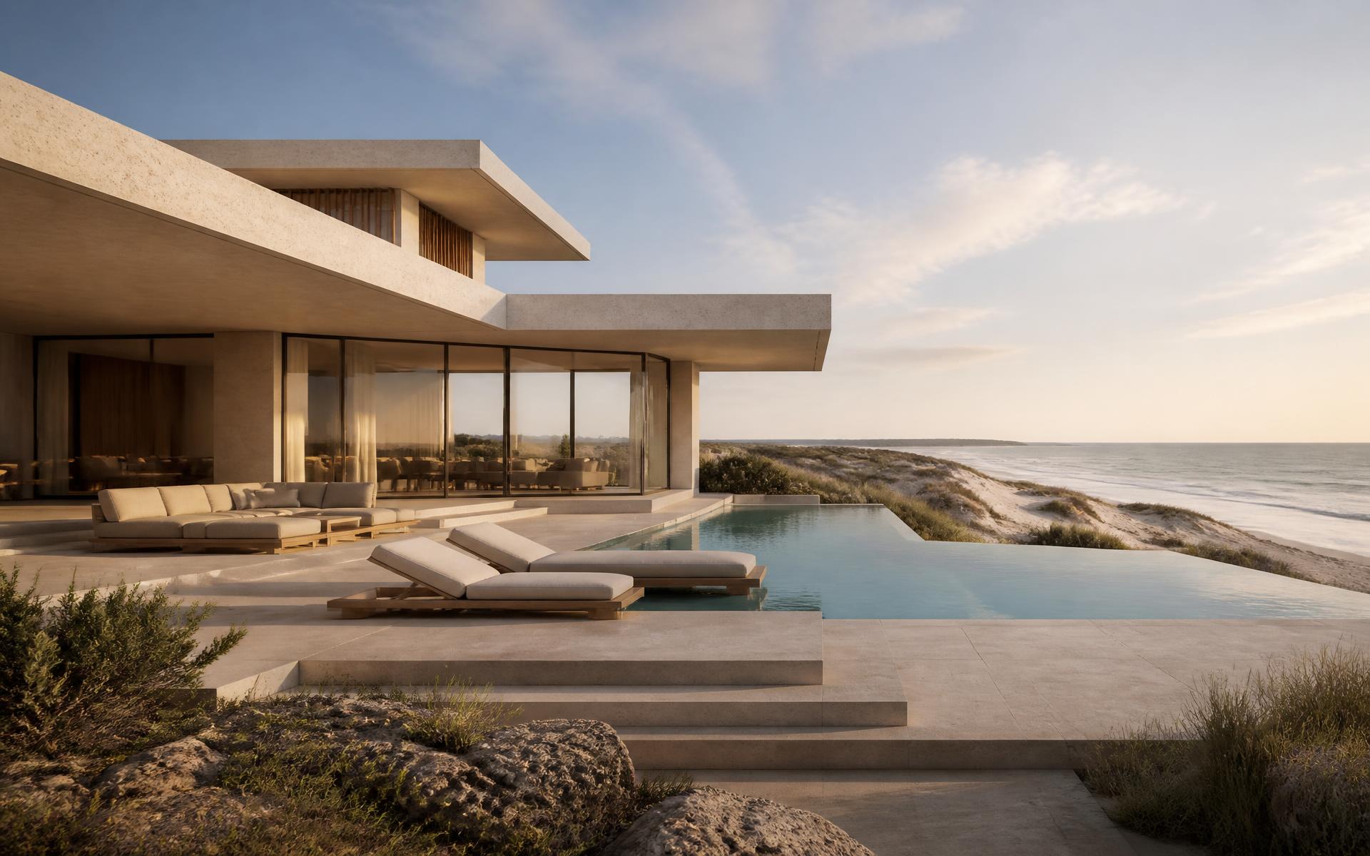 Architectural render of a private coastal villa with infinity pool above the sea